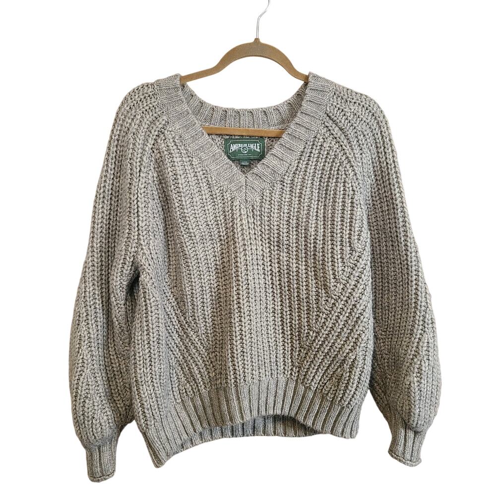 American Eagle Womens Cozy Gray Chunky Knit Sweater Size Small Balloon Sleeve